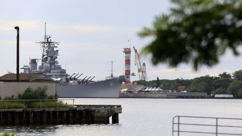 The Battleship Missouri Memorial, seen from Pearl Harbor National Memorial.