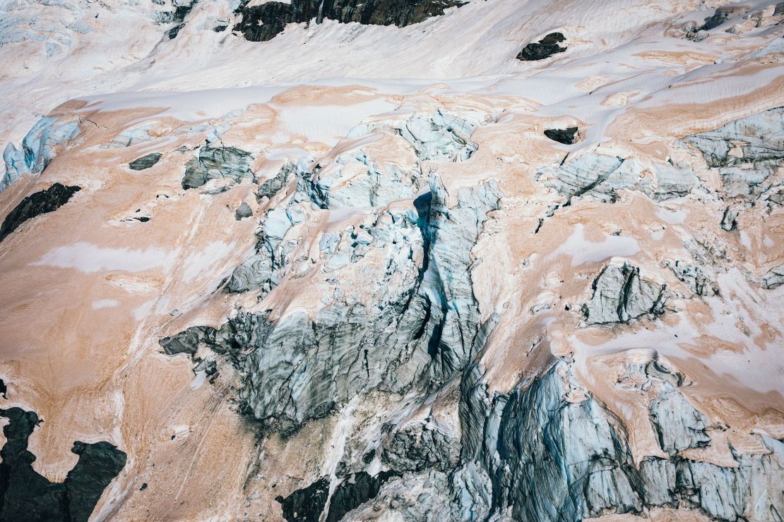 A glacier turning red in Mount Aspiring National Park.