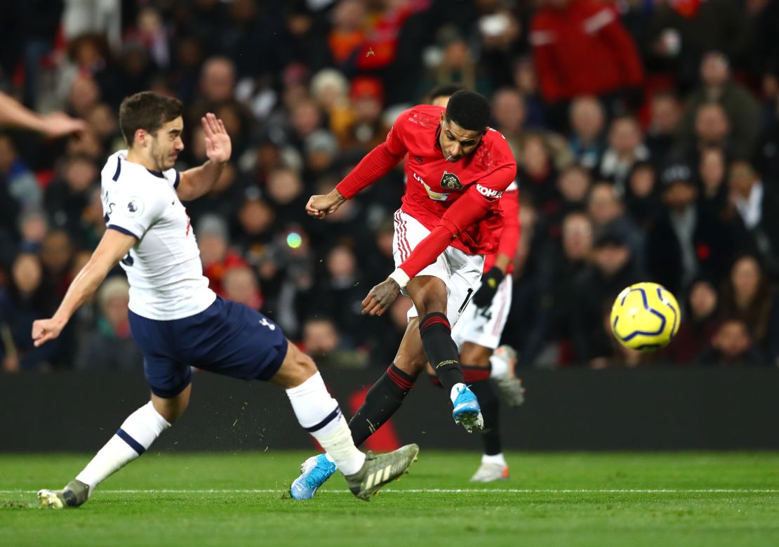 Marcus Rashford of Manchester United scores his team's first goal in a 2-1 win over Tottenham. The English striker has now had a direct hand in 11 goals in his last 10 appearances for the club.