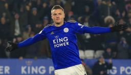 Jamie Vardy celebrates after scoring the opening goal from the  spot during as Leicester City won its seventh Premier League game in a row with a 2-0 victory over struggling. 