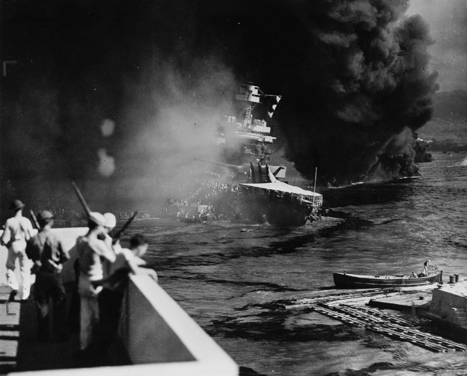 The USS California settles on the bottom of the harbor after being bombed and torpedoed by the Japanese.