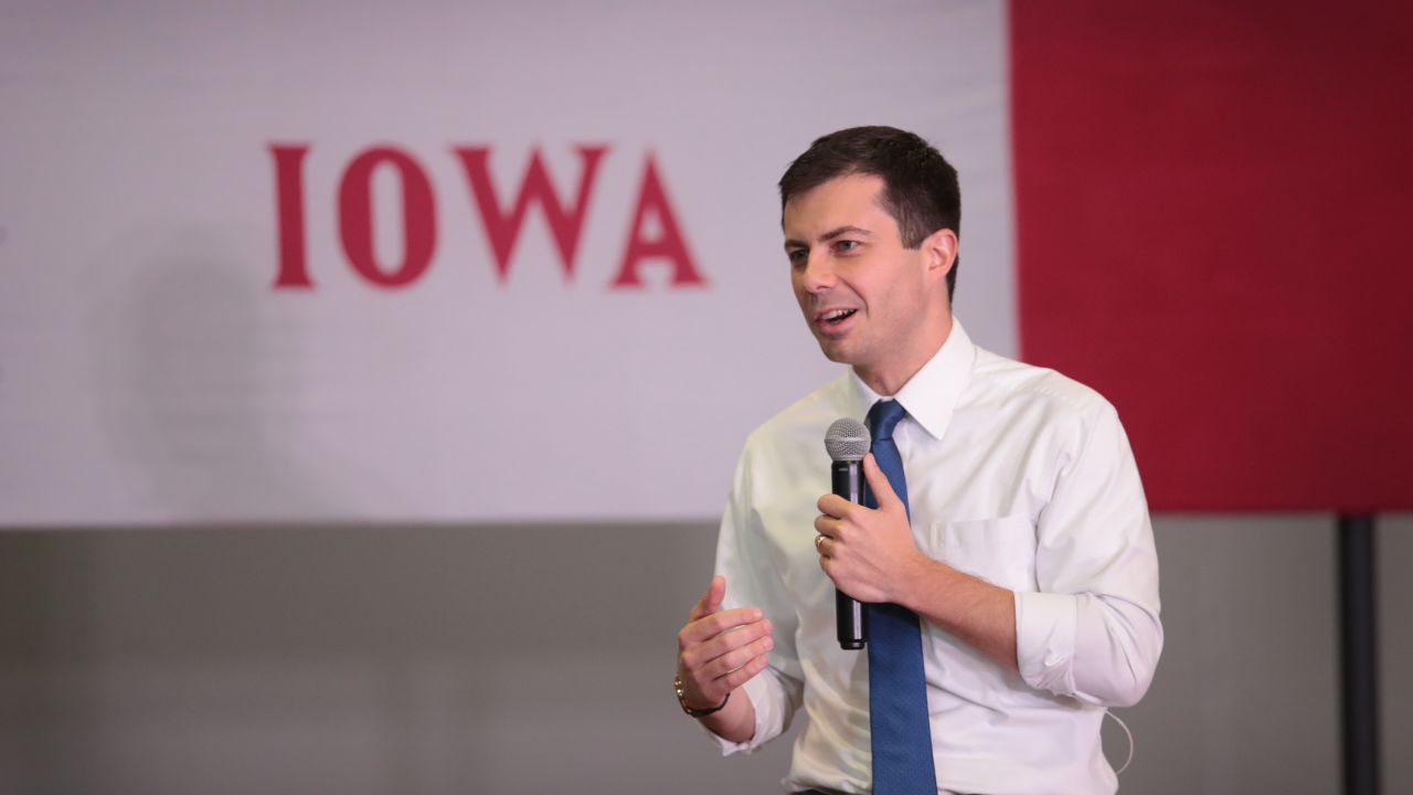 Pete Buttigieg speaks to guests during a campaign stop at the YMCA on Nov. 25, 2019, in Creston, Iowa. 