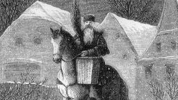 circa 1850:  Engraving of St Nicholas carrying a tiny Christmas tree in a basket while riding a horse past houses in the snow, mid-to-late nineteenth century.  (Photo by Hulton Archive/Getty Images)