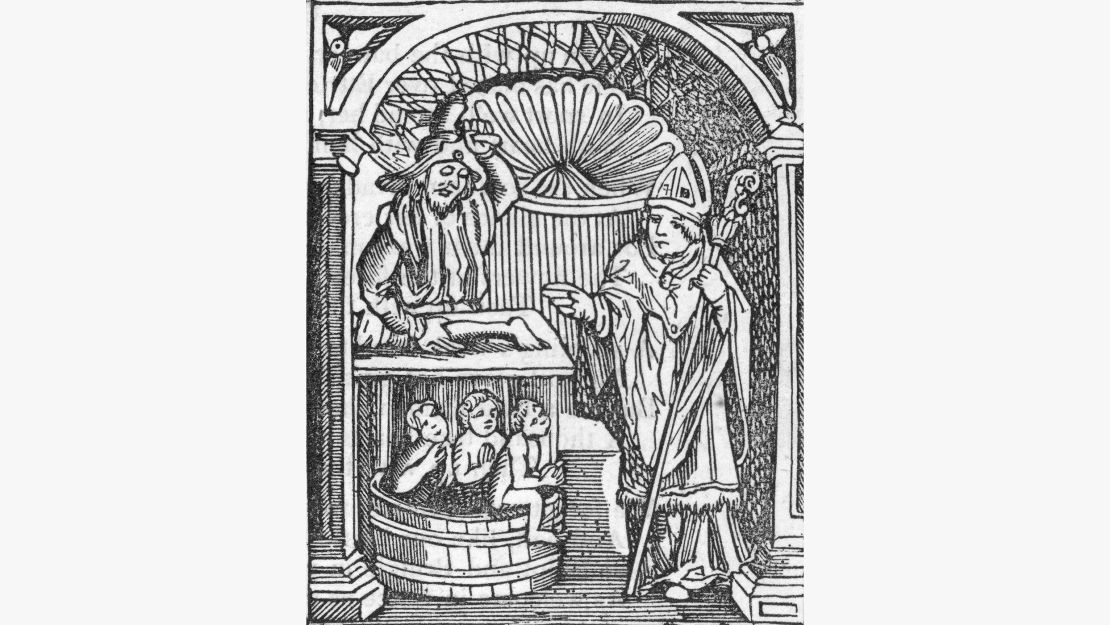 A depiction of the story of St. Nicholas and a very wicked innkeeper.