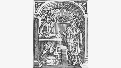 A depiction of the story of St. Nicholas and a very wicked innkeeper.
