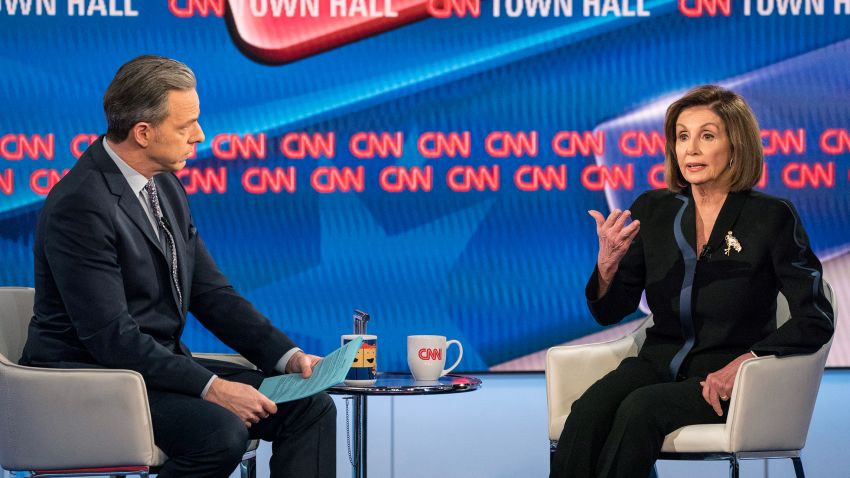WASHINGTON, DC - DECEMBER 05: Speaker of the United States House of Representatives Nancy Pelosi and CNN's Jake Tapper participate in a town hall held to discuss the latest impeachment proceedings of President Donald Trump on December 5, 2019 in Washington, DC. (Photo by Sarah Silbiger for CNN)