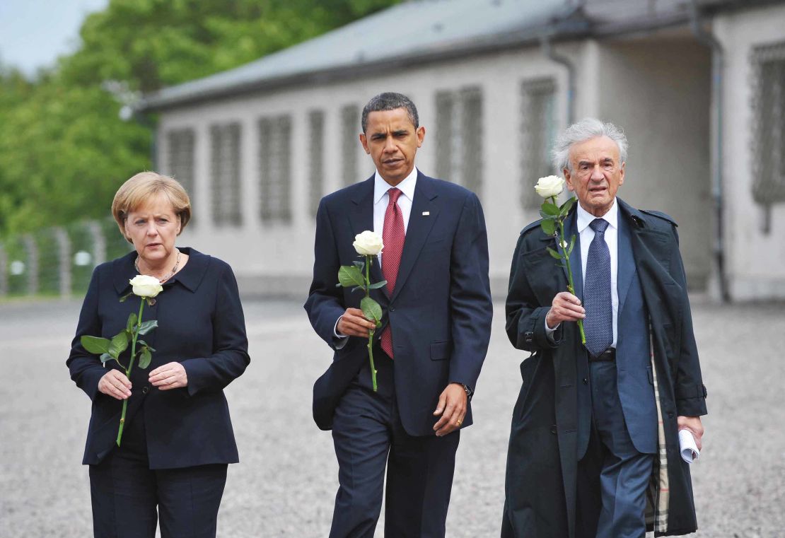  Obama, Merkel and holocaust survior Elie Wiesel pay their respects during a visit to the former Buchenwald concentration camp in 2009.