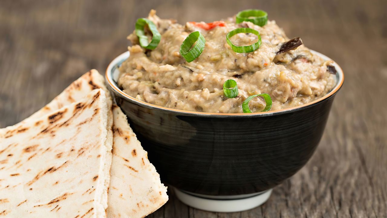 <strong>Baba Ghanouj: </strong>This traditional dip is made from mashed grilled eggplant flavored with parsley, cumin, and lemon juice, as well as salt and pepper.