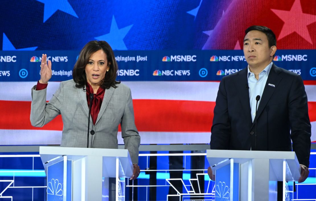 Andrew Yang and Kamala Harris, who recently ended her 2020 presidential bid, take part in November's Democratic primary debate.