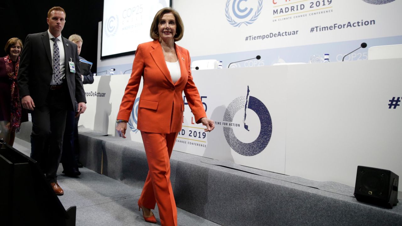 House Speaker Nancy Pelosi arrives for a press conference at the COP25 climate talks in Madrid last week.