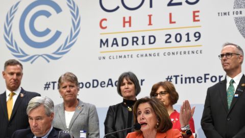 House Speaker Nancy Pelosi and Senator Sheldon Whitehouse answer questions last week during the UN's COP25 in Madrid.