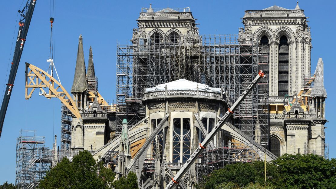 A photo of Notre Dame reconstrcution work taken in July 2019.