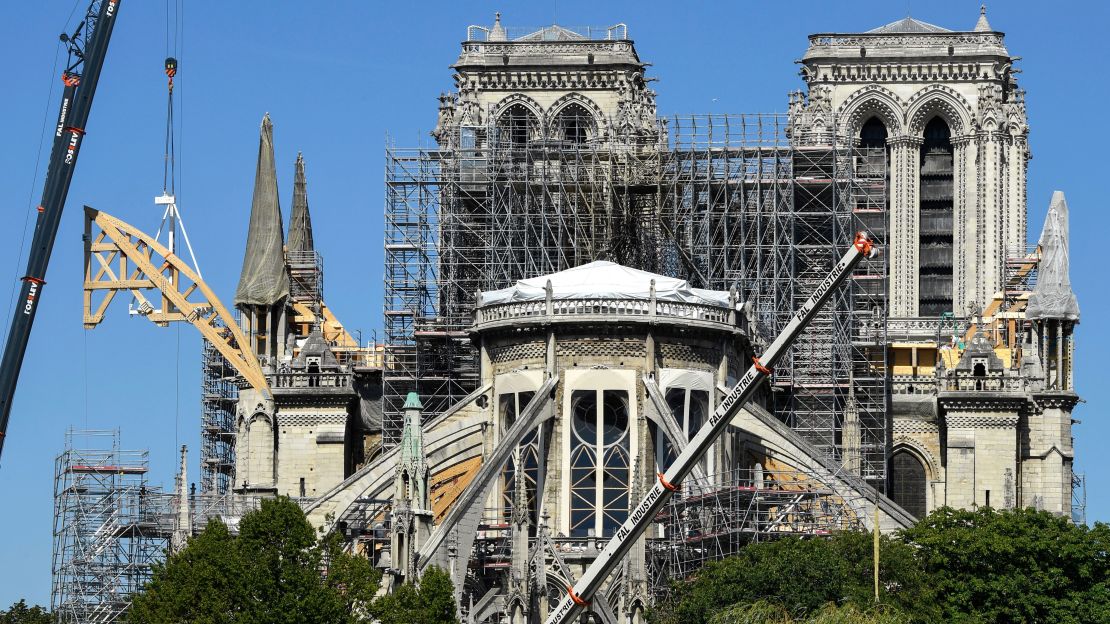 Reconstruction works take place on Notre-Dame on July 9, 2019 in Paris after it was badly damaged by fire in April.