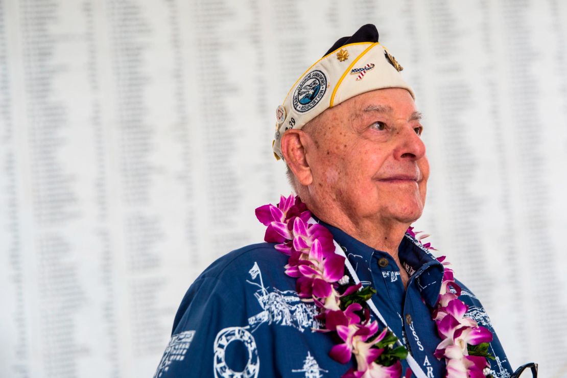 U.S.S. Arizona survivor Lou Conter looks on near the Arizona Remembrance Wall during a memorial service marking the 74th Anniversary of the attack on the U.S. naval base at Pearl Harbor on December 07, 2015.
