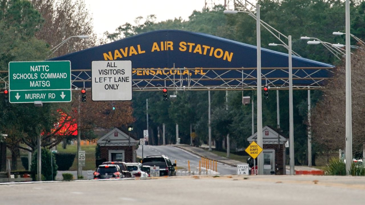 PENSACOLA, FLORIDA - DECEMBER 06: A general view of the atmosphere at the Pensacola Naval Air Station main gate following a shooting on December 06, 2019 in Pensacola, Florida. The second shooting on a U.S. Naval Base in a week has left three dead plus the suspect and seven people wounded.  (Photo by Josh Brasted/Getty Images)