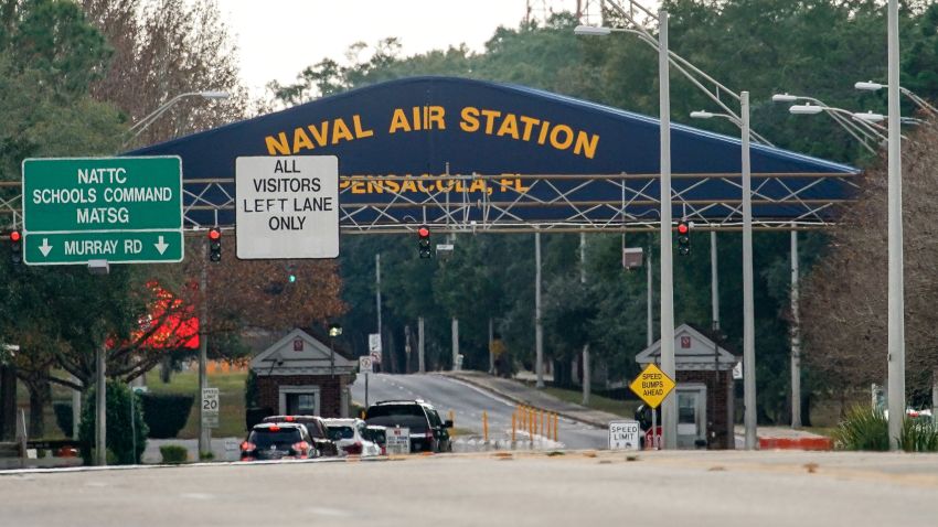 PENSACOLA, FLORIDA - DECEMBER 06: A general view of the atmosphere at the Pensacola Naval Air Station main gate following a shooting on December 06, 2019 in Pensacola, Florida. The second shooting on a U.S. Naval Base in a week has left three dead plus the suspect and seven people wounded.  (Photo by Josh Brasted/Getty Images)