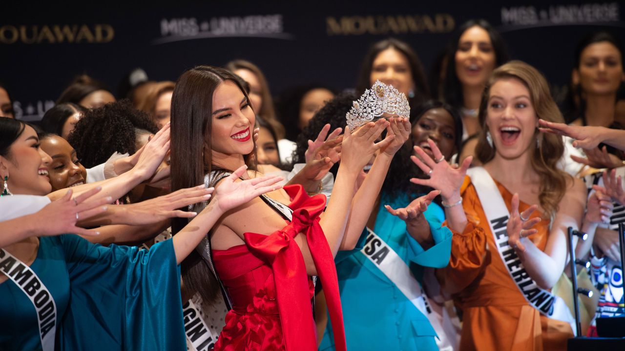 The current Miss Universe Catriona Gray unveils the new crown at the Marriott Marquis in Atlanta
