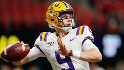 ATLANTA, GEORGIA - DECEMBER 07: Joe Burrow #9 of the LSU Tigers warms up before the SEC Championship game against the Georgia Bulldogs at Mercedes-Benz Stadium on December 07, 2019 in Atlanta, Georgia. (Photo by Kevin C. Cox/Getty Images)