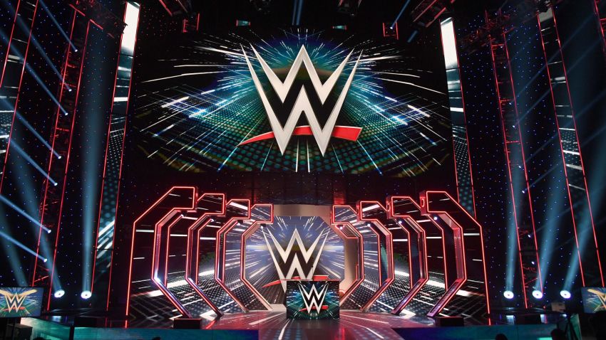 LAS VEGAS, NEVADA - OCTOBER 11:  WWE logos are shown on screens before a WWE news conference at T-Mobile Arena on October 11, 2019 in Las Vegas, Nevada. It was announced that WWE wrestler Braun Strowman will face heavyweight boxer Tyson Fury and WWE champion Brock Lesnar will take on former UFC heavyweight champion Cain Velasquez at the WWE's Crown Jewel event at Fahd International Stadium in Riyadh, Saudi Arabia on October 31.  (Photo by Ethan Miller/Getty Images)