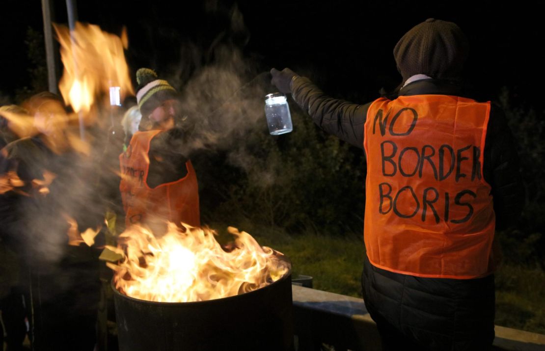 Demonstrators from 'Border Communities Against Brexit' attend an anti-Brexit protest at the border between Dundalk, Ireland, and Newry, Northern Ireland.