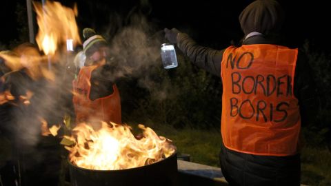 Demonstrators from 'Border Communities Against Brexit' attend an anti-Brexit protest at the border between Dundalk, Ireland, and Newry, Northern Ireland.