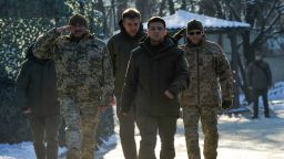 Ukrainian President Volodymyr Zelensky meets with servicemen while visiting the Donetsk region on December 6, 2019. - President Zelensky on December 6 visited frontline troops fighting Moscow-backed separatists in the country's east a few days before crucial talks on the conflict with Vladimir Putin. (Photo by Evgeniya MAKSYMOVA / AFP) (Photo by EVGENIYA MAKSYMOVA/AFP via Getty Images)