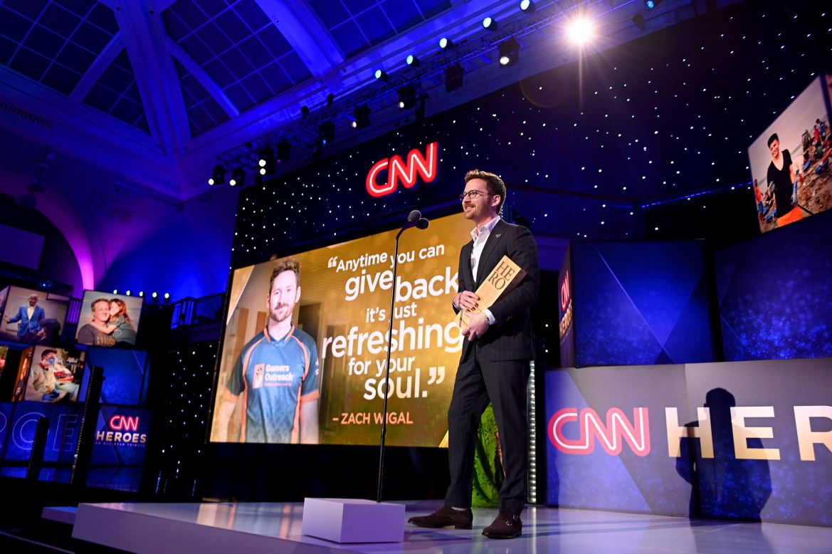 Hero Zach Wigal speaks onstage at the 2019 CNN Heroes Awards. Wigal is the founder of Gamers Outreach, a nonprofit that makes sure that kids who can't leave their hospital rooms during long-term medical treatment can play video games while they recuperate.