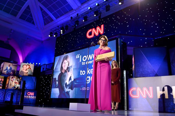 2019 Top 10 CNN Hero Staci Alonso accepts her award onstage. Alonso opened Noah's Animal House, a full-service pet shelter located right on the grounds of a domestic violence shelter in Las Vegas in 2007.