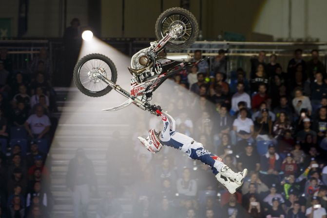 France's Brice Izzo performs during a jump contest at the 34th Geneva Supercross in Geneva, Switzerland, on Saturday, December 7.
