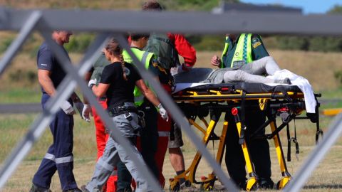 Emergency services at the Whakatane Airfield after the volcanic eruption.