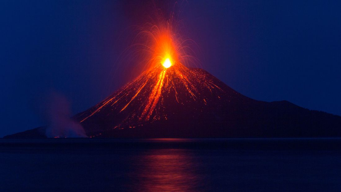 In August 2018, Anak Krakatau in East Asia, is seen here at the start of its eruptive phase. Later, its southwestern flank collapsed and caused a tsunami, which killed hundreds of people in December 2018.  