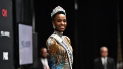 ATLANTA, GEORGIA - DECEMBER 08: (EDITORIAL USE ONLY) Miss Universe 2019 Zozibini Tunzi, of South Africa, appears at a press conference following the 2019 Miss Universe Pageant at Tyler Perry Studios on December 08, 2019 in Atlanta, Georgia.  (Photo by Paras Griffin/Getty Images)