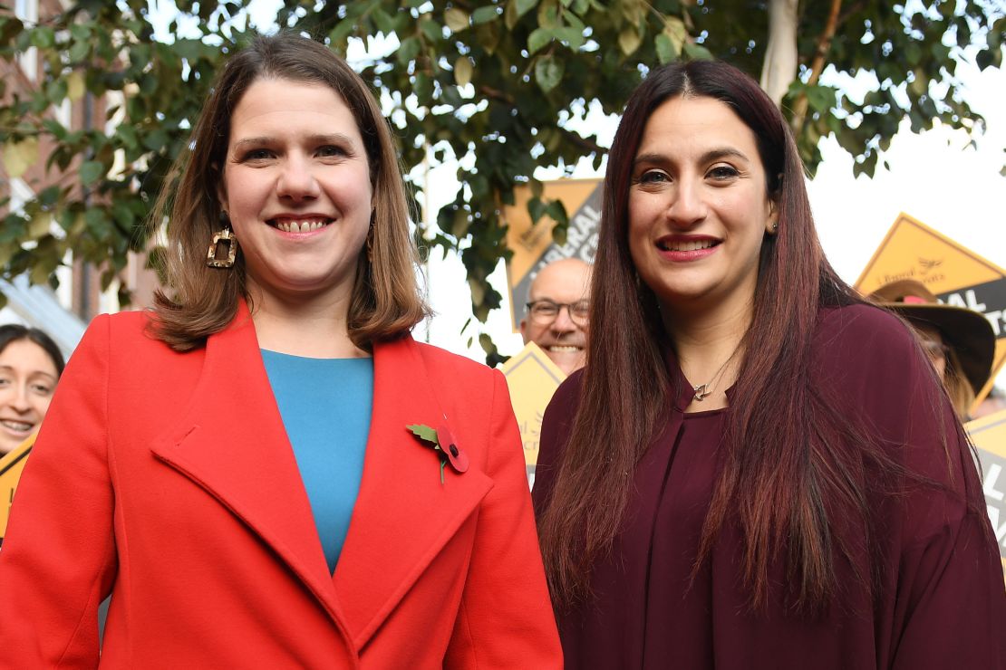 Liberal Democrats leader Jo Swinson, left, is greeted by the party's candidate for Finchley and Golders Green, Luciana Berger, in the north London constituency on November 6.