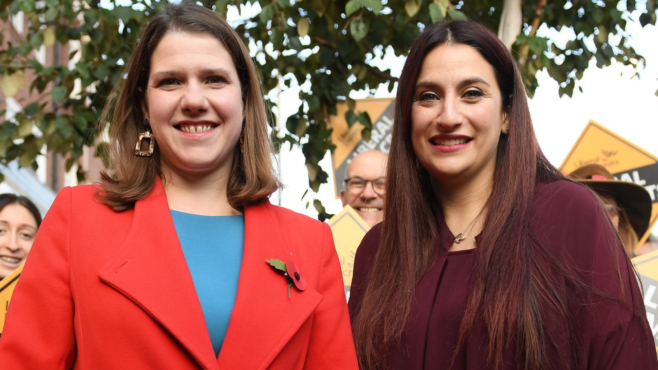 Liberal Democrats leader Jo Swinson, left, is greeted by the party's candidate for Finchley and Golders Green, Luciana Berger, in the north London constituency on November 6.