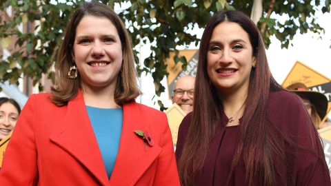 Liberal Democrats leader Jo Swinson, left, is greeted by the party's candidate for Finchley and Golders Green, Luciana Berger, in the north London constituency on November 6.