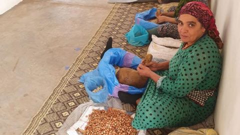 A woman crushing argan oil from the argan tree kernel using traditional methods at the  workshop.