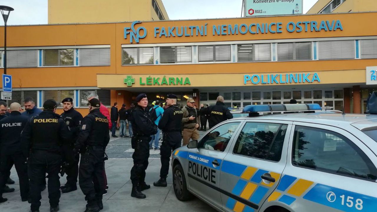 Czech police at the scene of a shooting at a hospital in the city Ostrava.
