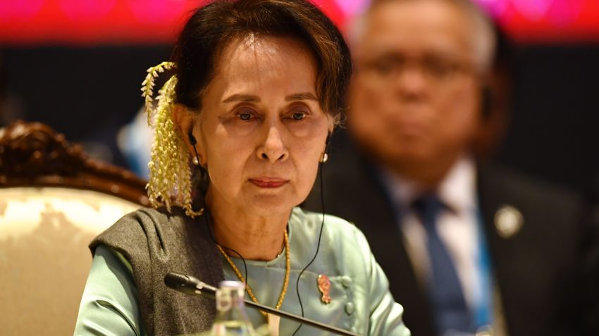 Myanmar's State Counsellor Aung San Suu Kyi attends the 22nd ASEAN-Japan Summit in Bangkok on November 4, 2019, on the sidelines of the 35th Association of Southeast Asian Nations (ASEAN) Summit. (Photo by Lillian SUWANRUMPHA / AFP) (Photo by LILLIAN SUWANRUMPHA/AFP via Getty Images)