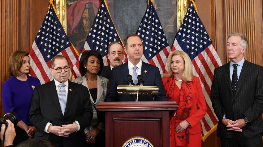 From left, House Speaker Nancy Pelosi, House Judiciary Committee Chairman Jerrold Nadler, D-N.Y., Chairwoman of the House Financial Services Committee Maxine Waters, D-Calif., Chairman of the House Foreign Affairs Committee Eliot Engel, D-N.Y., Chairman of the House Permanent Select Committee on Intelligence Adam Schiff, D-Calif., Chairwoman of the House Committee on Oversight and Reform Carolyn Maloney, D-N.Y., and House Ways and Means Chairman Richard Neal, unveil articles of impeachment against President Donald Trump, during a news conference on Capitol Hill in Washington, Tuesday, Dec. 10, 2019.