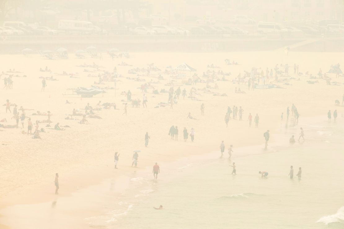 Haze from the bushfires is seen over Sydney's Bondi Beach on December 10, 2019.