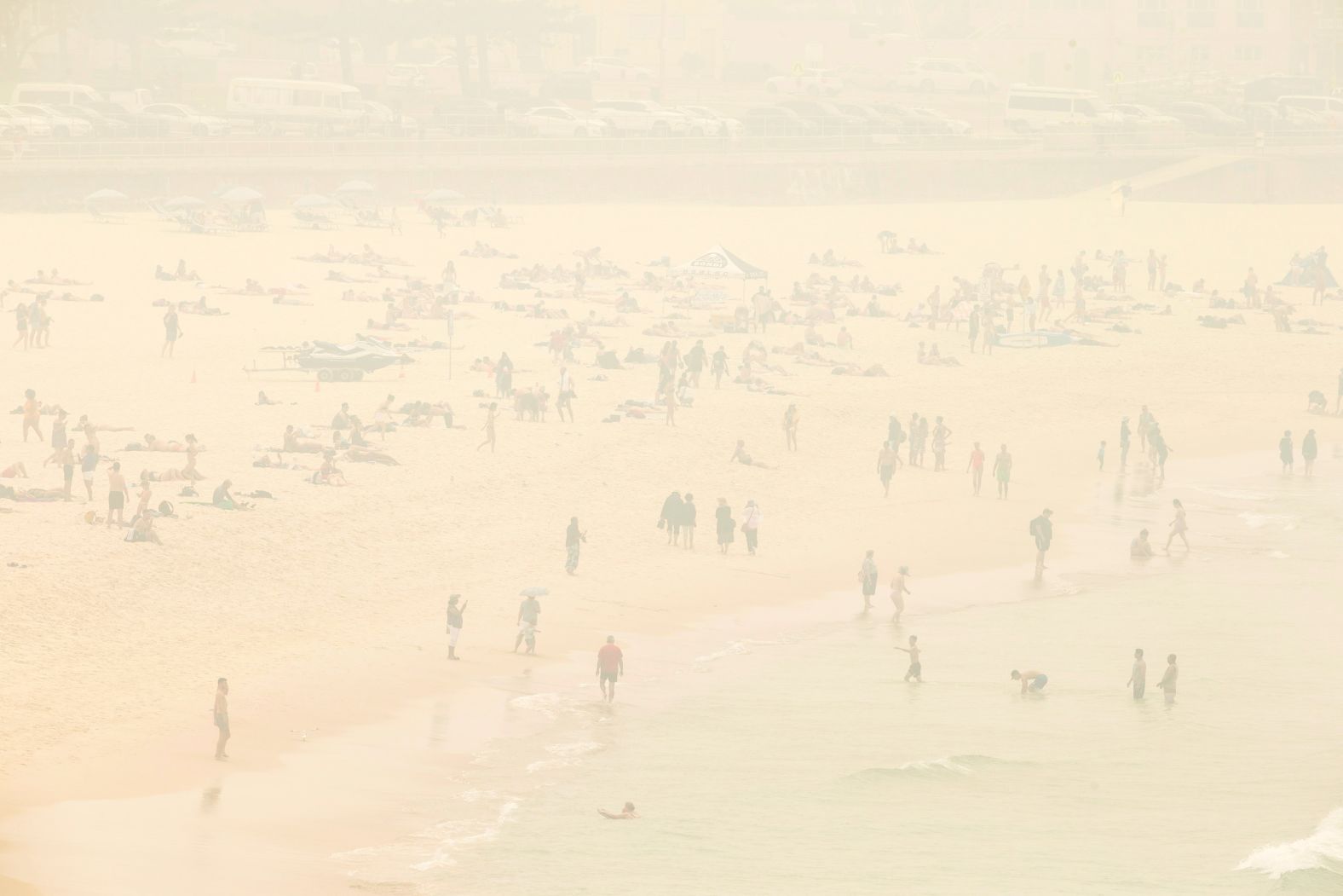 A smoke haze blankets Bondi Beach as the air quality index reaches higher than ten times hazardous levels in some suburbs of Sydney on December 10.