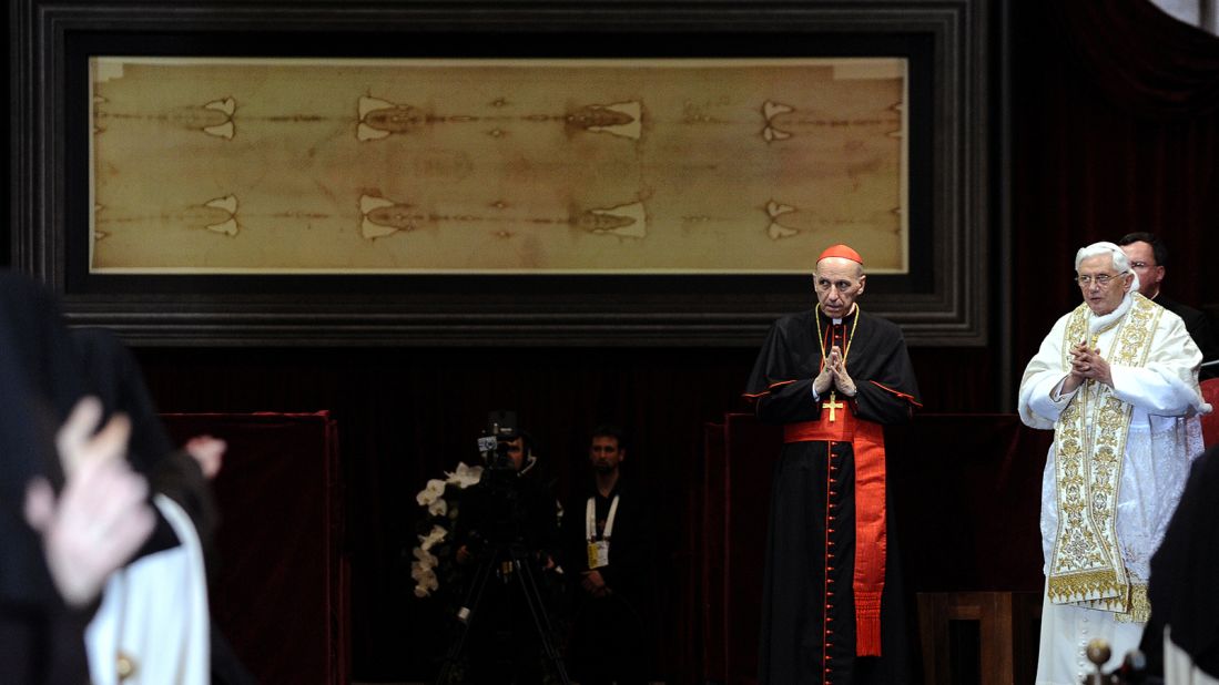 <strong>Papal doubt: </strong>While popes, including Benedict XVI (pictured here) and Pope Francis, have presided over displays of the Shroud, the Catholic Church doesn't officially recognize it as a real "relic." Pope Francis has instead called it an "icon of a man scourged and crucified."