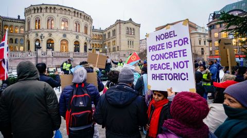 Protesters demonstrate in front of the Norwegian Parliament against Ethiopian Prime Minister Abiy Ahmed on Monday.