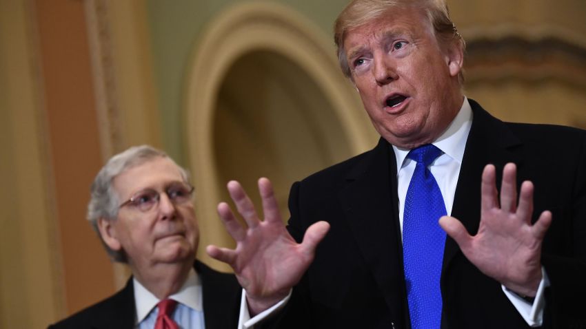 US President Donald Trump(R) speaks to the press alongside Senate Majority Leader Mitch McConnell as he arrives on Capitol Hill on March 26, 2019 before joining Senate Republicans for lunch in Washington,DC.