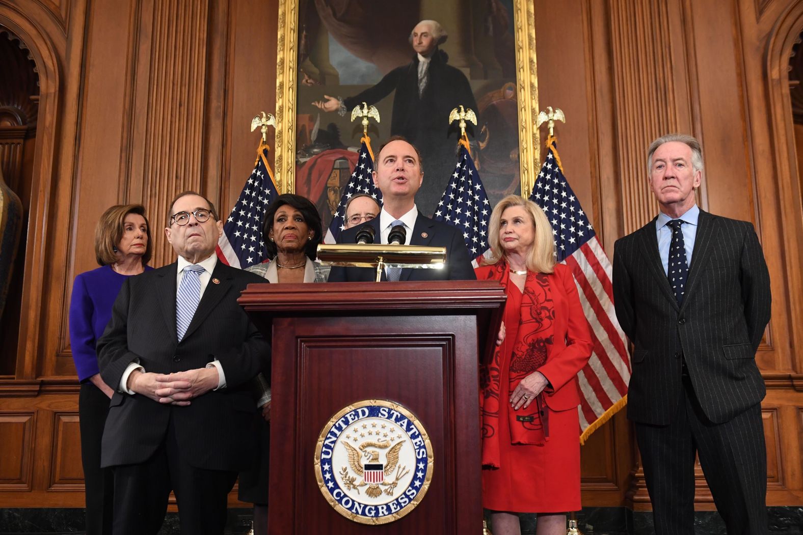 House Democratic leaders announce December 10 that they are bringing two articles of impeachment against President Trump. From left are House Speaker Nancy Pelosi, Judiciary Committee Chairman Jerry Nadler, Financial Services Committee Chairwoman Maxine Waters, Foreign Affairs Committee Chairman Eliot Engel, Intelligence Committee Chairman Adam Schiff, Oversight Committee Chairwoman Carolyn Maloney and Ways and Means Committee Chairman Richard Neal.