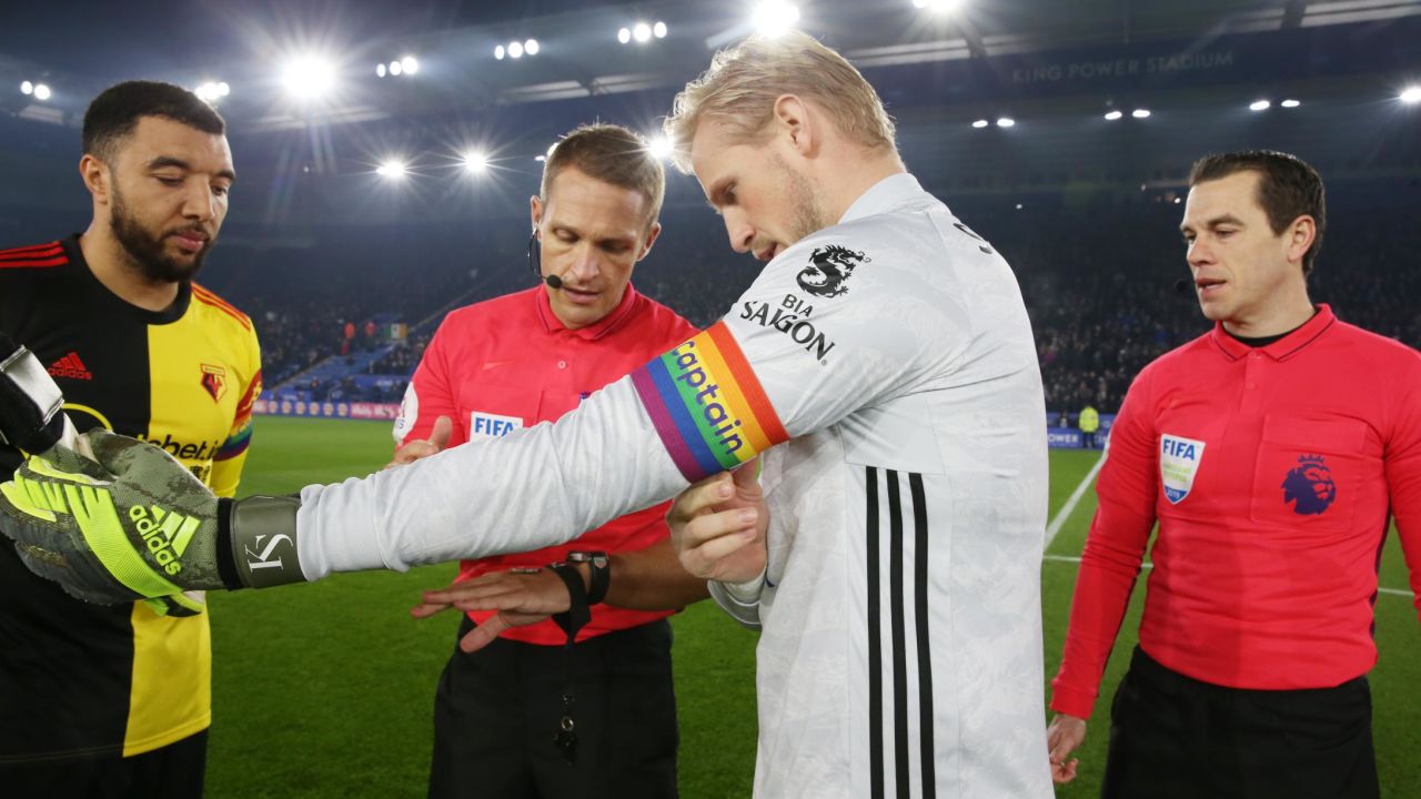 Leicester City's goalkeeper Kasper Schmeichel wears a rainbow themed captain's armband. 