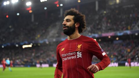 Salah celebrates after scoring Liverpool's second goal.