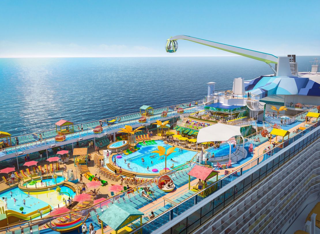 On Royal Caribbean's Odyssey of the Seas the action-packed top deck includes a bi-level pool deck, kids' aqua park, North Star observation pod, skydiving simulator and bungee trampoline. 
