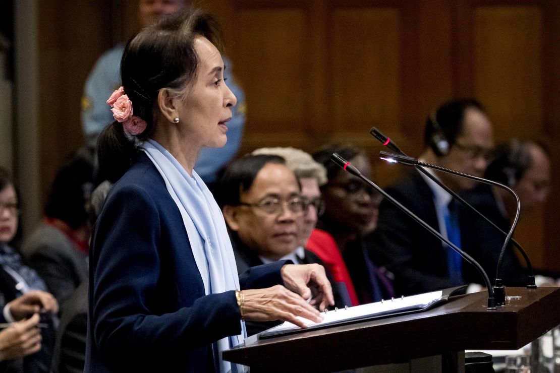 Aung San Suu Kyi speaks at the ICJ in December.
