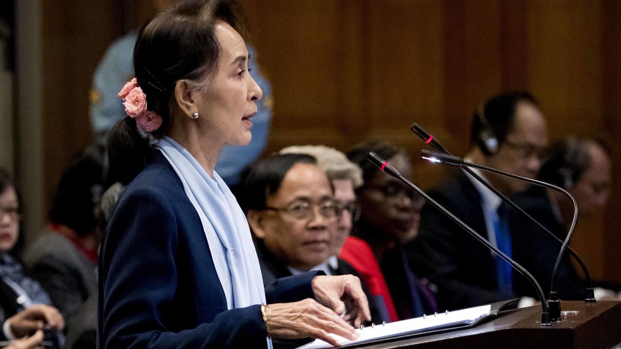 Aung San Suu Kyi speaks at the ICJ in December.